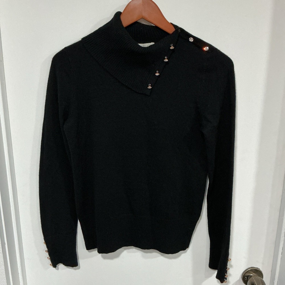 Mainbocher Cashmere Sweater, Asymmetrical Envelope Neck, Black, M, Rhinestones